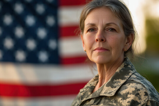 Mature female soldier standing seriously in camouflage uniform with a blurred american flag in the background