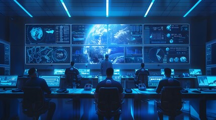 Futuristic Mission Control Room with Silhouetted Scientists Monitoring Innovative Space