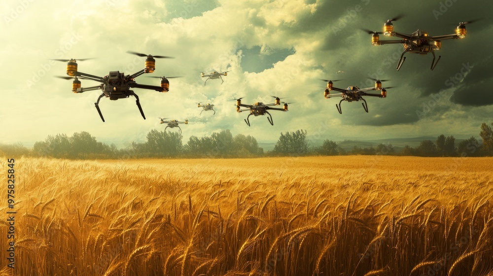 Aufkleber multiple drones flying in synchronization over a large wheat field, performing automated tasks