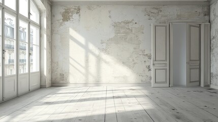 Fototapeta premium A large, empty room with a white wall and wooden floors