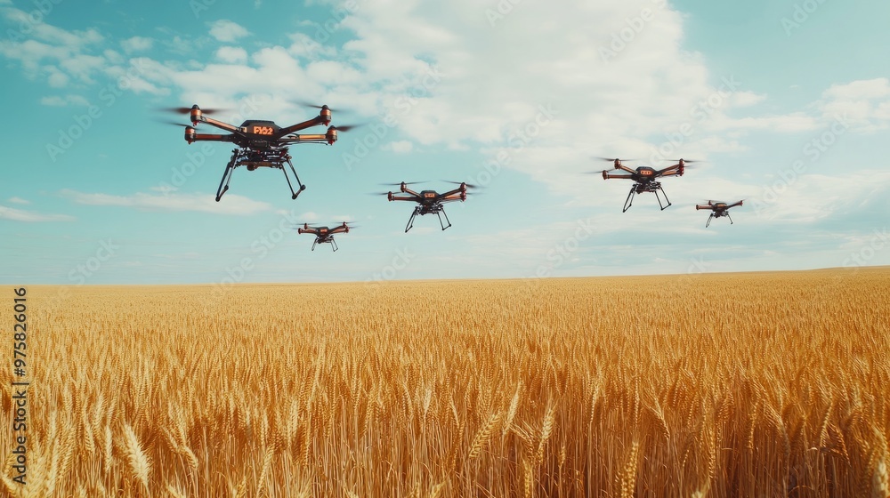 Aufkleber multiple drones flying in synchronization over a large wheat field, performing automated tasks
