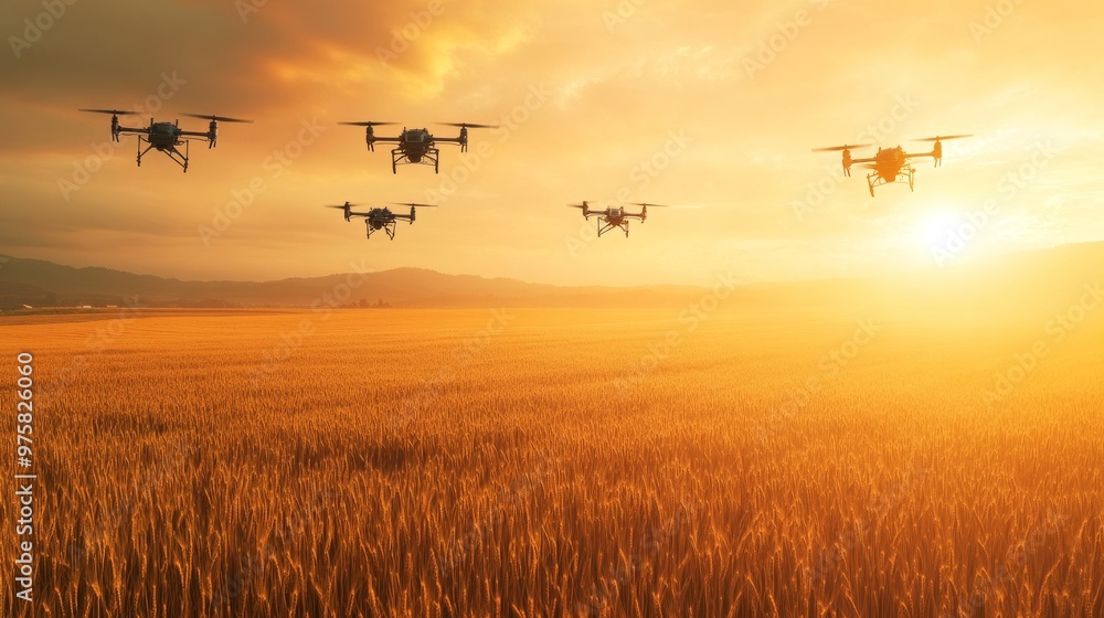 Aufkleber multiple drones flying in synchronization over a large wheat field, performing automated tasks.