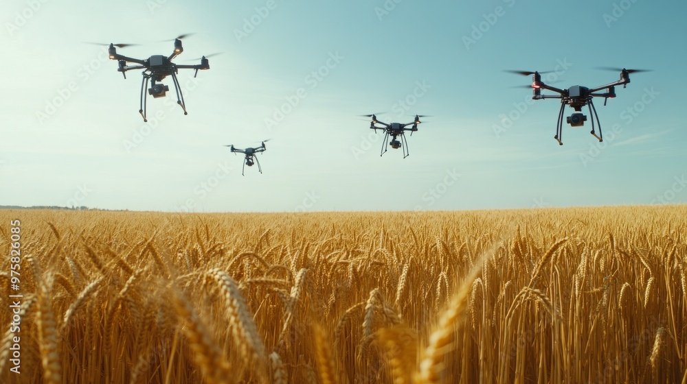 Aufkleber multiple drones flying in synchronization over a large wheat field, performing automated tasks