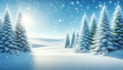 Obraz premium A photorealistic image of a tranquil snow-covered winter landscape with tall pine trees