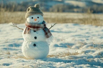 Cheerful snowman in scarf on snowy field.