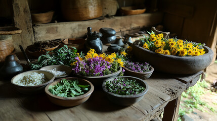 A herbal medicine workshop in the Himalayas, featuring a variety of medicinal plants and traditional preparation tools  © aun