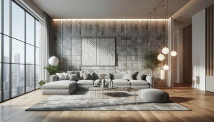 large living room, modern interior design, long gray sectional sofa with patterned throw pillows, accent wallpaper featuring geometric patterns, hardwood floors, pendant lighting, floor vase with plan