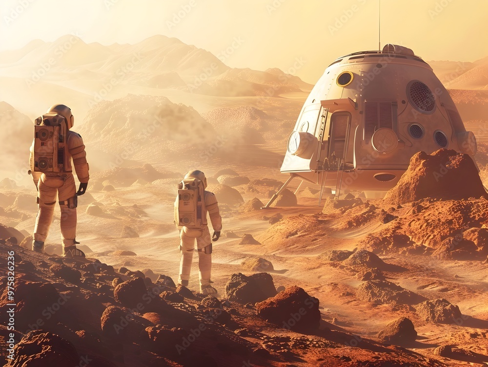 Poster astronauts constructing a new habitat on the surface of mars showcasing the future of human settleme