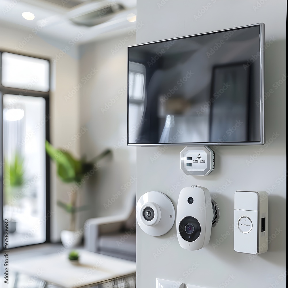 Poster smart home security system with advanced and control panel highlighting enhanced safety features