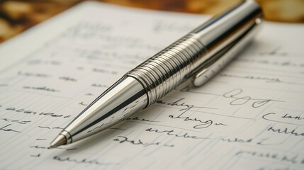 sleek silver pen placed on a page of handwritten notes, emphasizing the elegance of ink writing and the thoughtful reflection found in professional note-taking on a desk