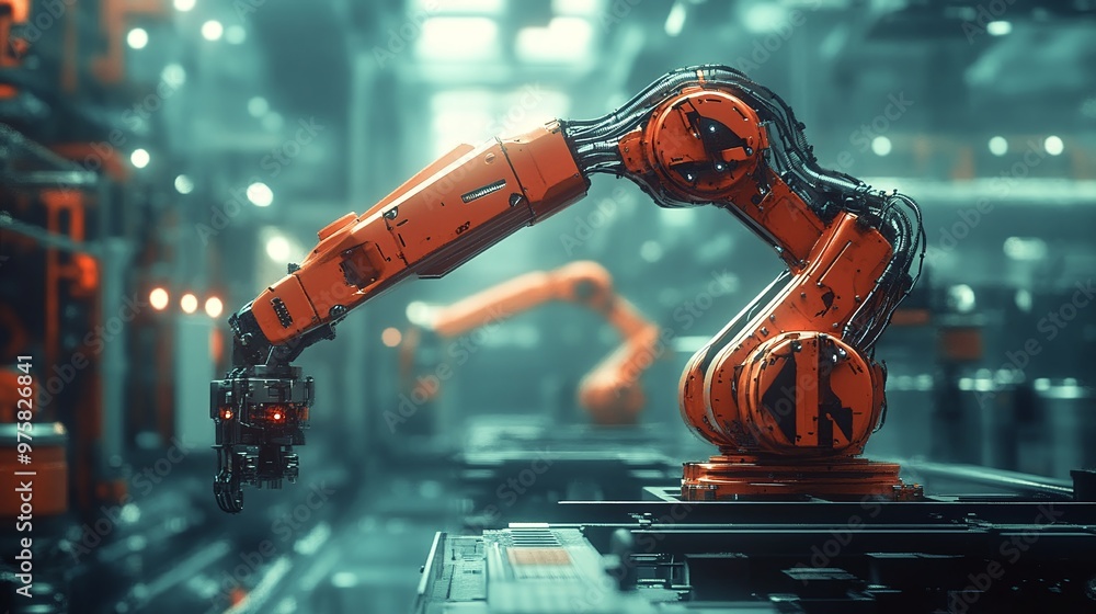 Poster industrial automation featuring a mechanical engineer managing a robotic arm, developing innovative 