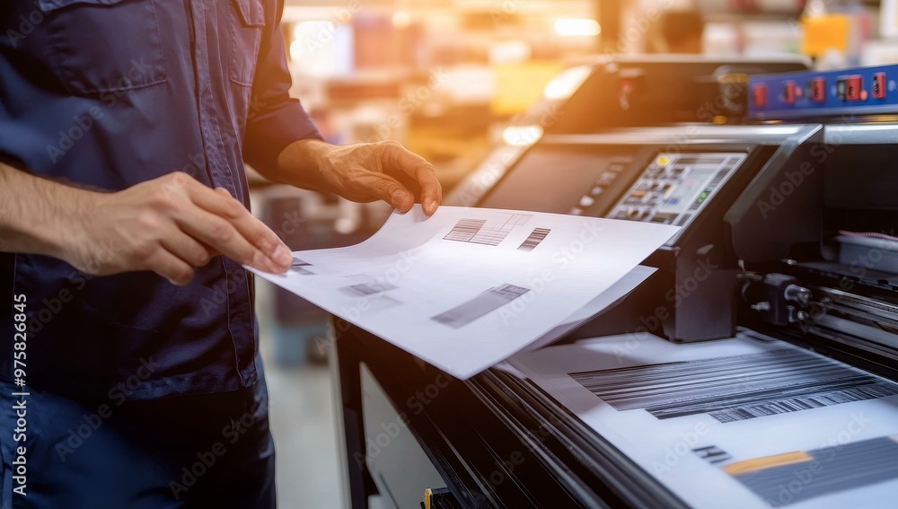 Poster man inspecting printed sheets on a large printer.