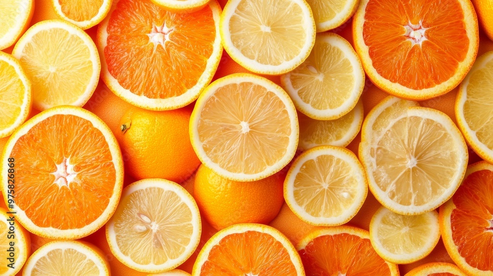 Poster Sliced Oranges and Lemons Creating a Colorful Vitamin C Background