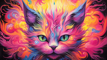 Fluffy pink cat with sparkling eyes posing gracefully in a retro setting