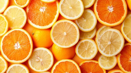 Obraz premium Sliced Oranges and Lemons Creating a Colorful Vitamin C Background