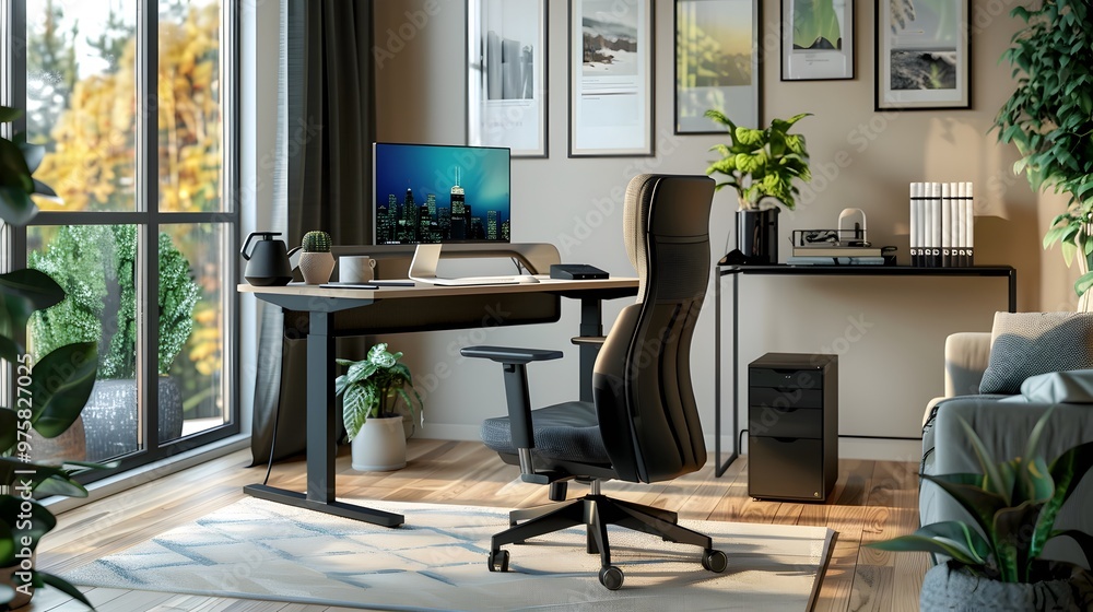 Poster optimized home office setup with smart tech and ergonomic furnishings for elevated productivity and 
