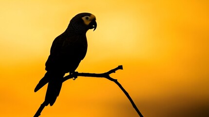 Silhouette of an African Grey parrot against a golden sunset sky, perched on a branch.