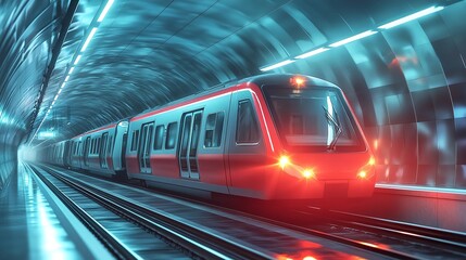 city subway approaching the station platform in an underground tunnel, emphasizing the fast-paced nature of public transit and modern transportation infrastructure