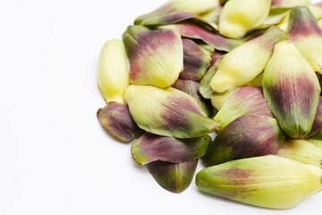 Artichoke petals on white background.