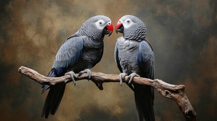 Obraz premium Two African Grey parrots interacting on a perch, showcasing their unique bond and playful behavior.
