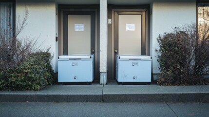 Two parcel delivery boxes side by side outside an apartment building, ready for deliveries.