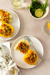 Stuffed bell peppers with quinoa, lentils, and fresh vegetables offer a delicious and healthy breakfast or lunch option, packed with protein, fiber, and vibrant flavors