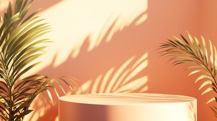 A single round pedestal platform in front of a peach colored wall with palm leaves and shadows.