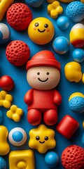 Colorful plastic toys scattered on a bright blue background.