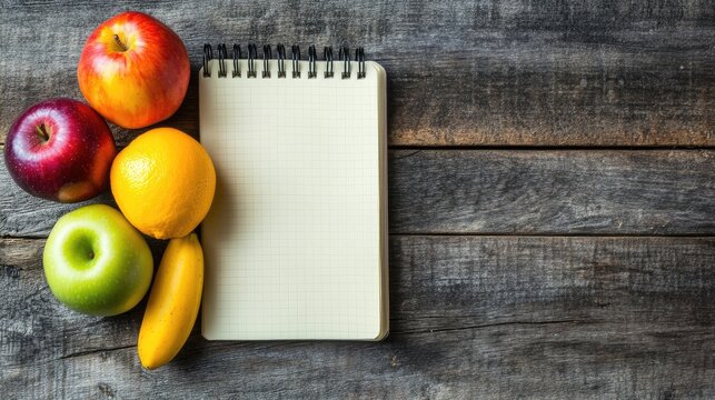 A notebook with a list of fruits and vegetables on it