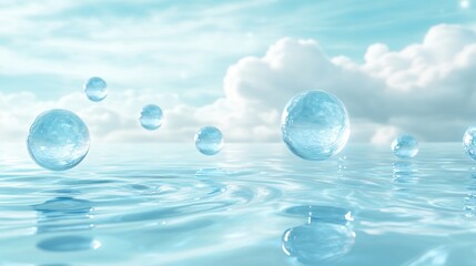 Tranquil Blue Floating Spheres Reflecting the Serene Sky and Horizon