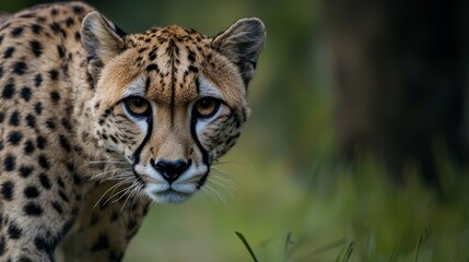  A tight shot of a cheetah's expressive face, framed by grass in the foreground, and trees stretching in the background