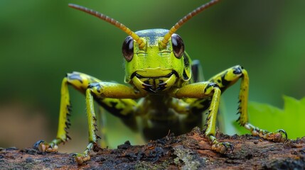  A grasshopper up-close on a branch against green leaves, background softly blurred
