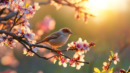 Fototapeta premium A small bird sits on a blooming tree branch, sun illuminating leaves and flowers through its spread