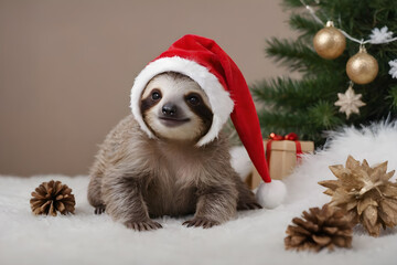 Cute sloth in santa hat on new year background
