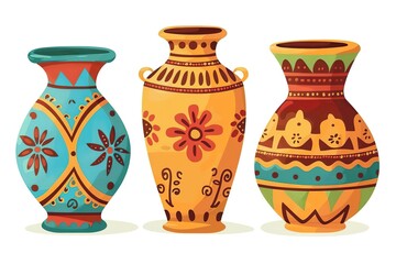 Set of vases for home flowers with a striped pattern. Plant pot. Element of a room interior. Ancient greek style and design. Flat vector illustration isolated on white background