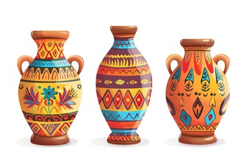 Set of vases for home flowers with a striped pattern. Plant pot. Element of a room interior. Ancient greek style and design. Flat vector illustration isolated on white background