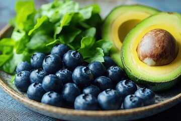 Obraz premium Colorful plate of brainboosting foods, 3D illustration, closeup of avocado, blueberries, and leafy greens, photorealistic details, natural sunlight, sharp textures