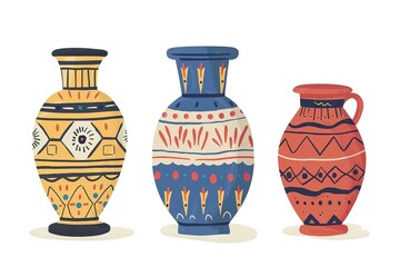 Set of vases for home flowers with a striped pattern. Plant pot. Element of a room interior. Ancient greek style and design. Flat vector illustration isolated on white background