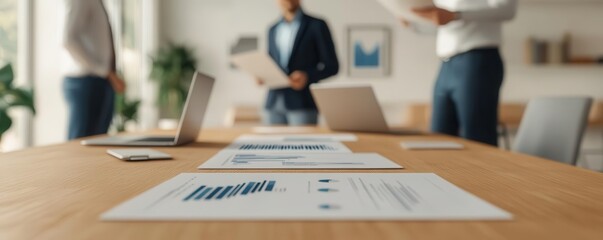 Executives discussing a business plan, 3D illustration, closeup of papers and laptops, modern boardroom, soft natural lighting, photorealistic textures, professional atmosphere