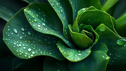  A tight shot of a big, green plant with dew on its leaves and nearby foliage