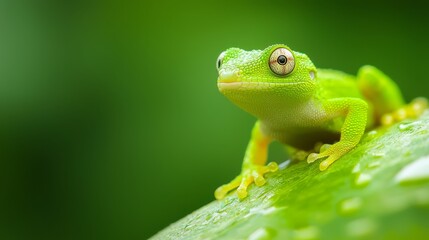 Obraz premium A tight shot of a green frog on a leaf, adorned with water droplets on its body and eyes