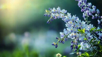  A group of blue blooms atop a verdant foliage plant against a hazy backdrop