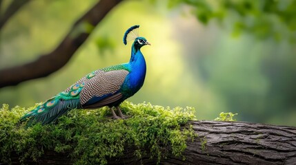 Obraz premium A peacock perches on a tree branch amidst a lush forest, its surroundings filled with numerous moss-covered trees