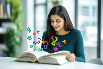 Young woman is reading a book with colorful letters floating above, symbolizing the challenges of dyslexia