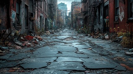 Fototapeta premium urban decay captured on a divided street, showcasing a pathway with cracked concrete and weathered textures, representing the deterioration of city architecture and old pavement