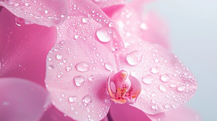 Fototapeta premium A tight shot of a pink blossom speckled with dewdrops, against a backdrop of a blue sky