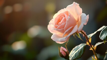  A pink rose, petals in focus, on a leafy branch against a softly blurred background
