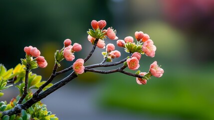  A flower in focus on a tree branch against a softly blurred backdrop of grass and trees