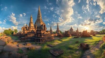 Fototapeta premium Ancient Ruins at Sunset in Ayutthaya Thailand