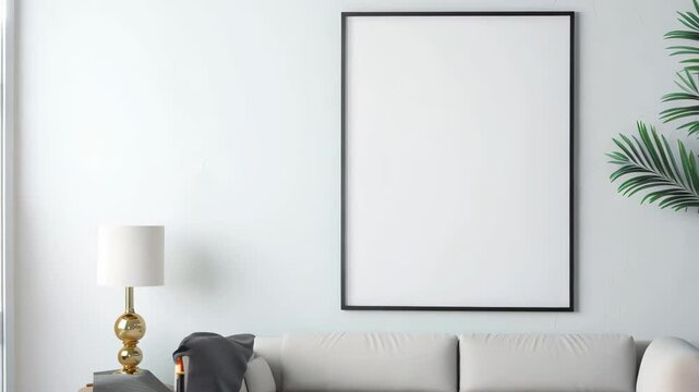 A minimalist living room with a light sofa and cozy throw, a chic golden lamp, a customizable black-framed poster, and a lush palm plant creates a tranquil ambiance.